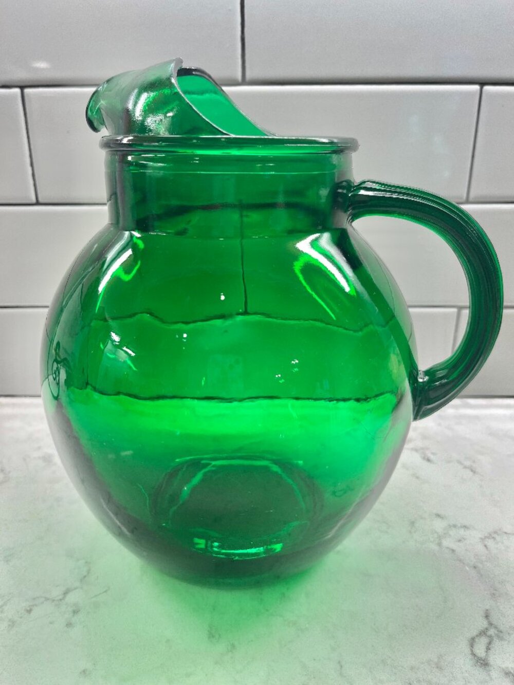 Vintage Anchor Hocking "Roly-Poly" Pitcher In Forest Green 1940s-1960,
